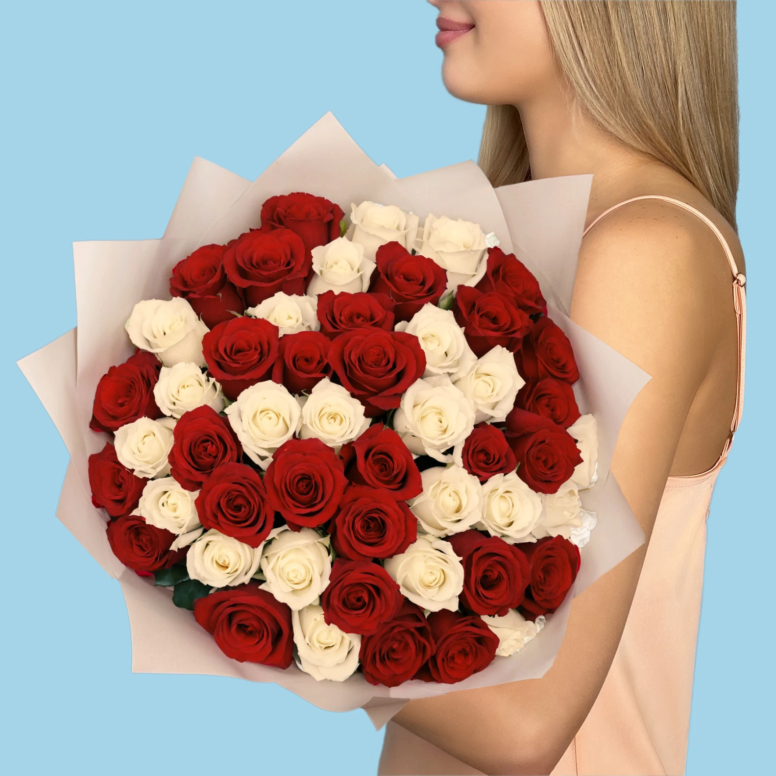 50 Premium White and Red Roses - image №2