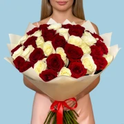 50 Premium White and Red Roses - image №1