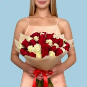 50 White and Red Roses from Kenya - image №1