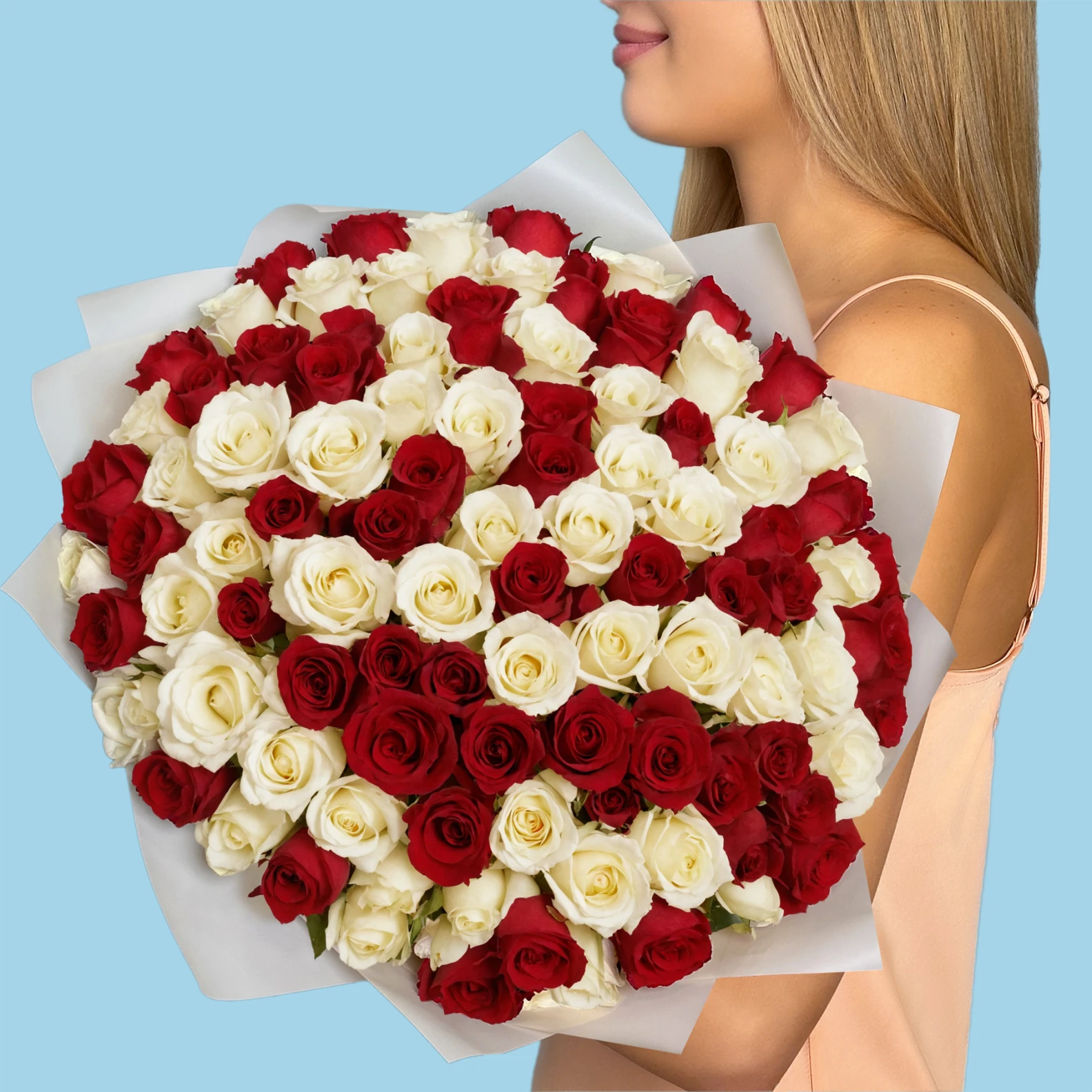 100 Premium White and Red Roses - image №2