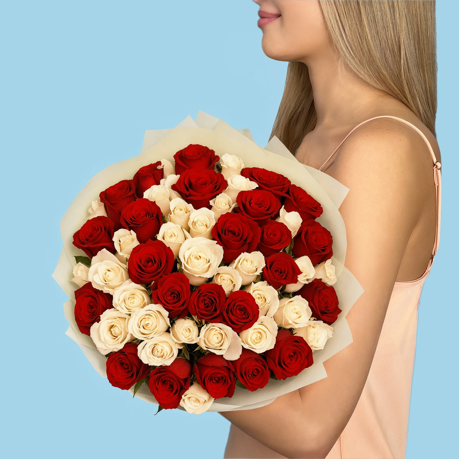 50 White and Red Roses from Kenya - image №2