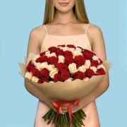 100 White and Red Roses from Kenya - image №1