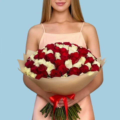 100 White and Red Roses from Kenya