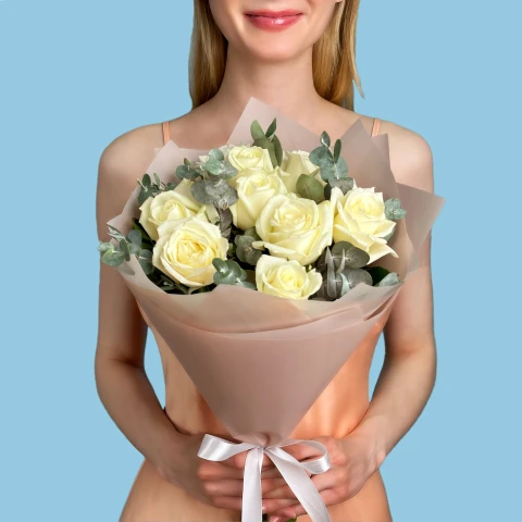 White Roses With Eucaliptus